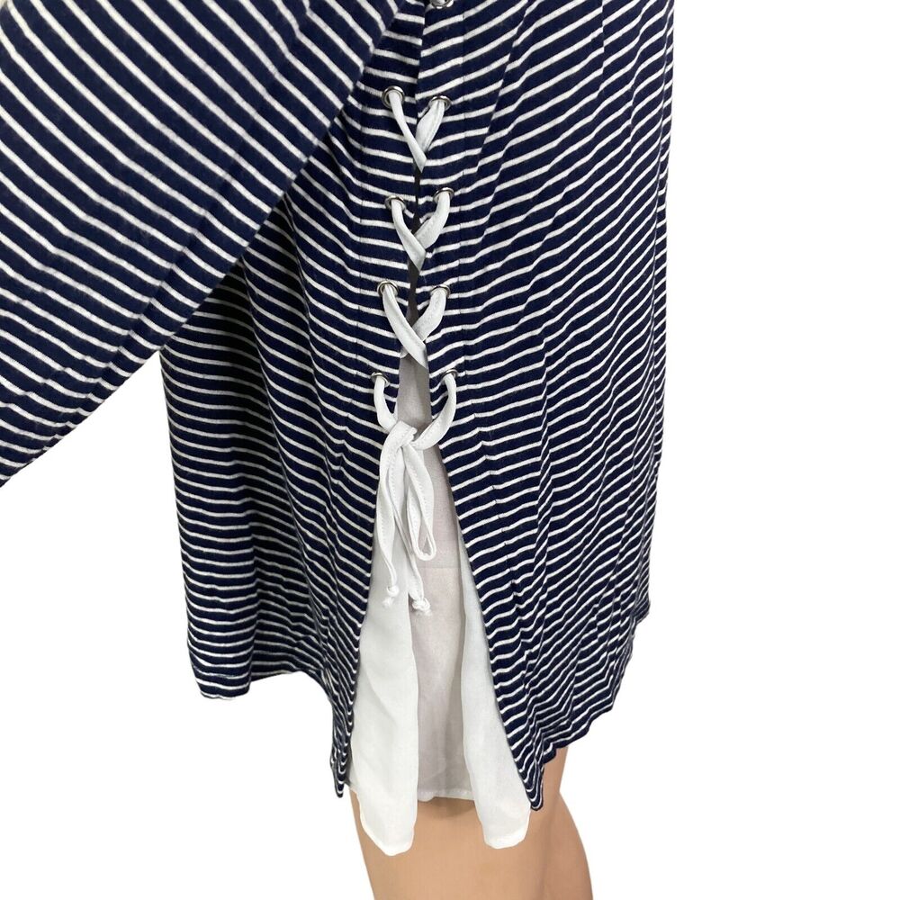 Bobeau Shirt Womens Large Black White Striped Side Lace Up Stretch - Picture 6 of 8